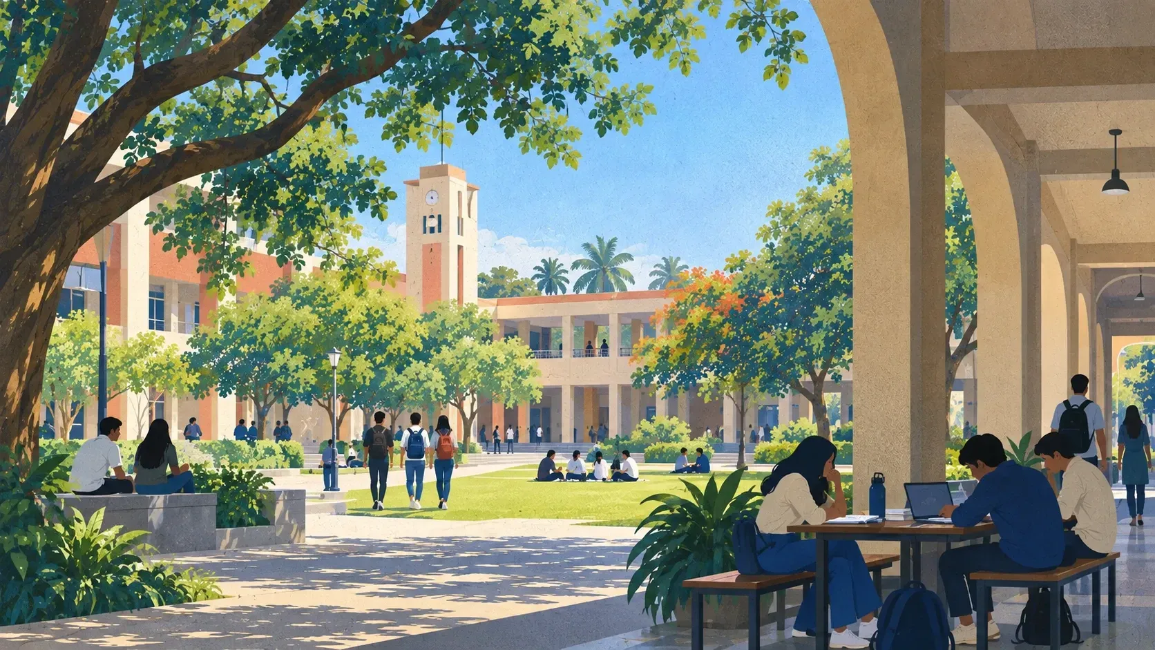 Students studying and walking across a college campus courtyard